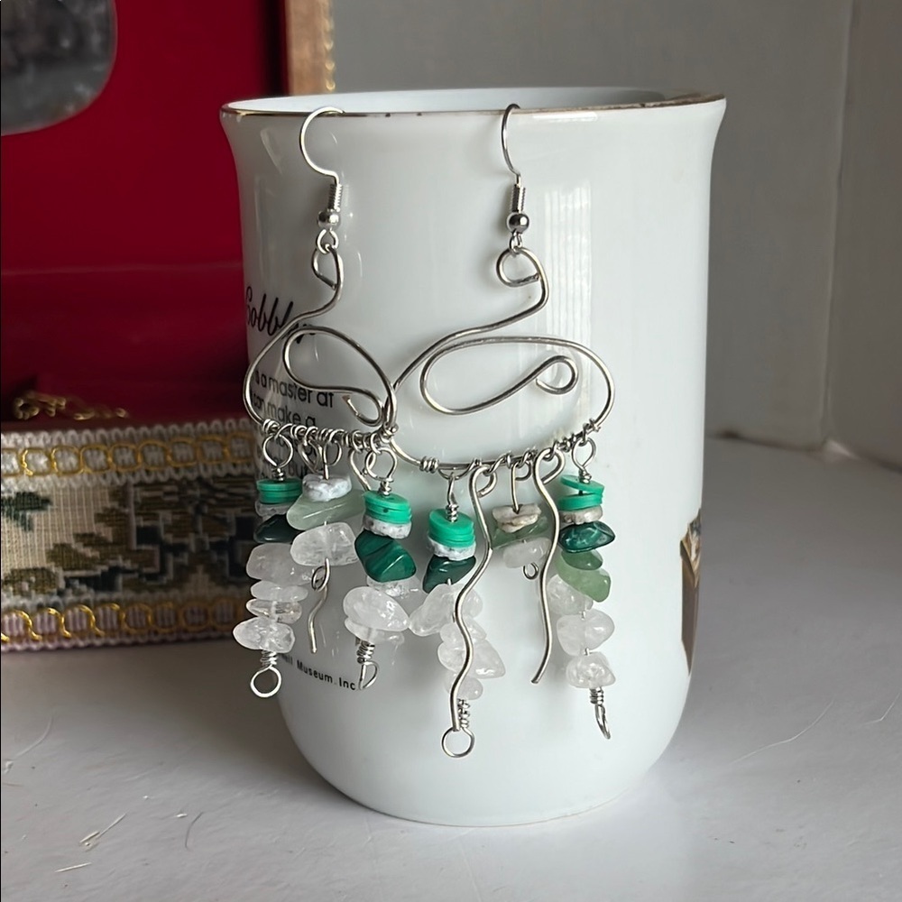 Chic Green and Silver jellyfish Earrings - Picture 2 of 3